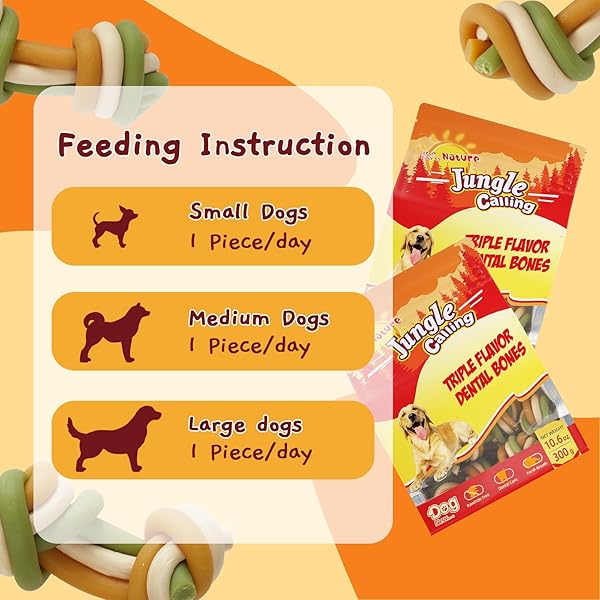 JUNGLE CALLING RAWHIDE FREE DOG DENTAL TREATS, TRIPLE FLAVOR DENTAL CHEWS FOR DOGS, EASY TO DIGEST, TEETH CLEAN DOG BONES FOR SMALL DOGS, 10.6 OZ