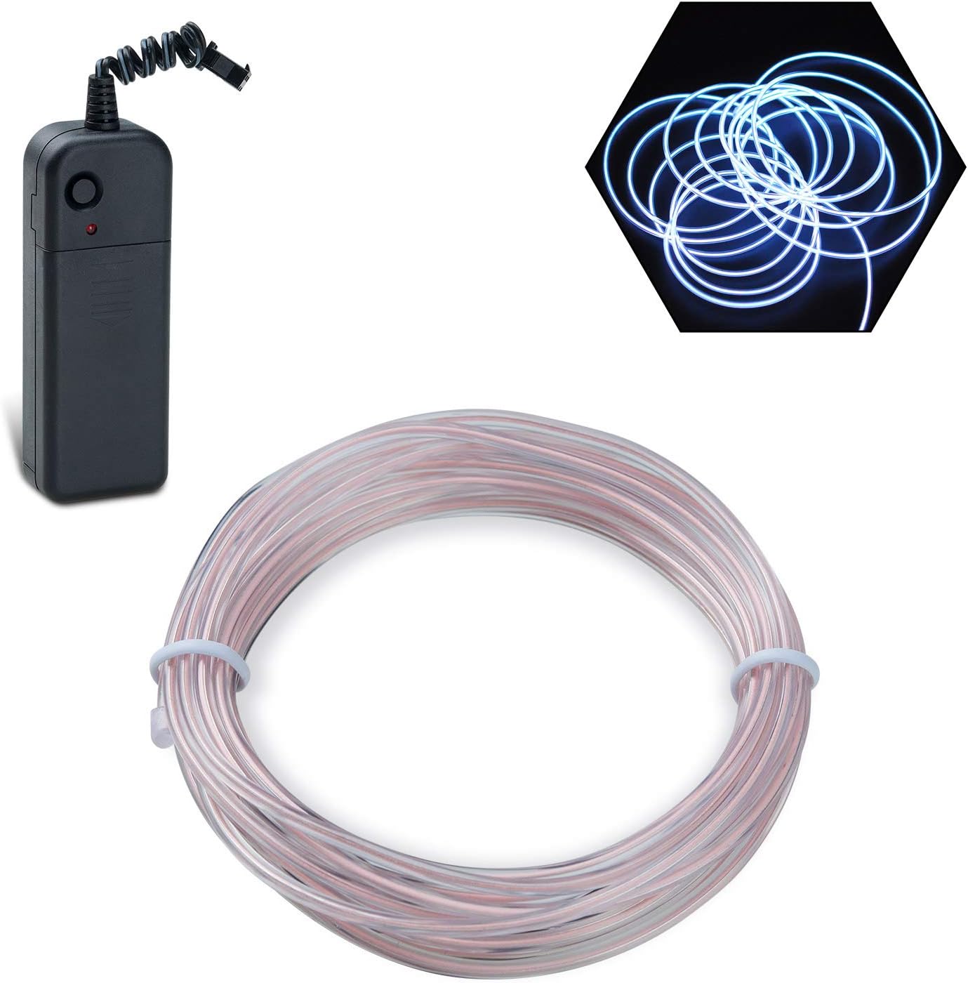 Podazz El Wire 9.8ft/3m White, Neon Glowing Strobing Electroluminescent Wire with 3 Lighting Modes, Battery Operated El Light for Halloween Decor, Parties, Xmas Tree, Cosplay, Car Bar Decor