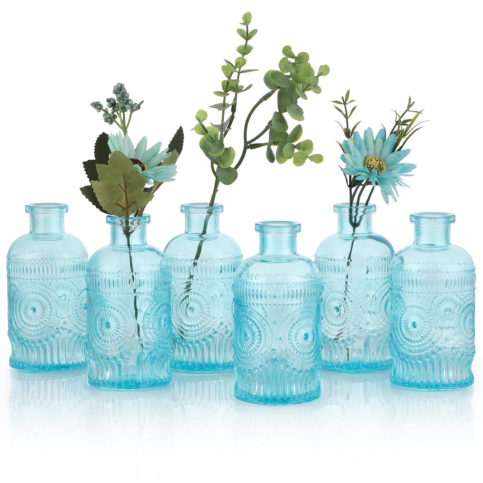 BIMUYI Flowers Vases, Glass Bud Decorative Vases, Vintage Glass Bottle, Pack of 6 (Blue)