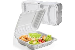 EKOSAVOR To Go Containers, 7.8'' Plastic Clamshell Food Containers with Lids Disposable 30 OZ BPA-Free 65-Pack 3 Compartment Heavy-Duty Reusable Meal Prep MFPP White To Go Boxes