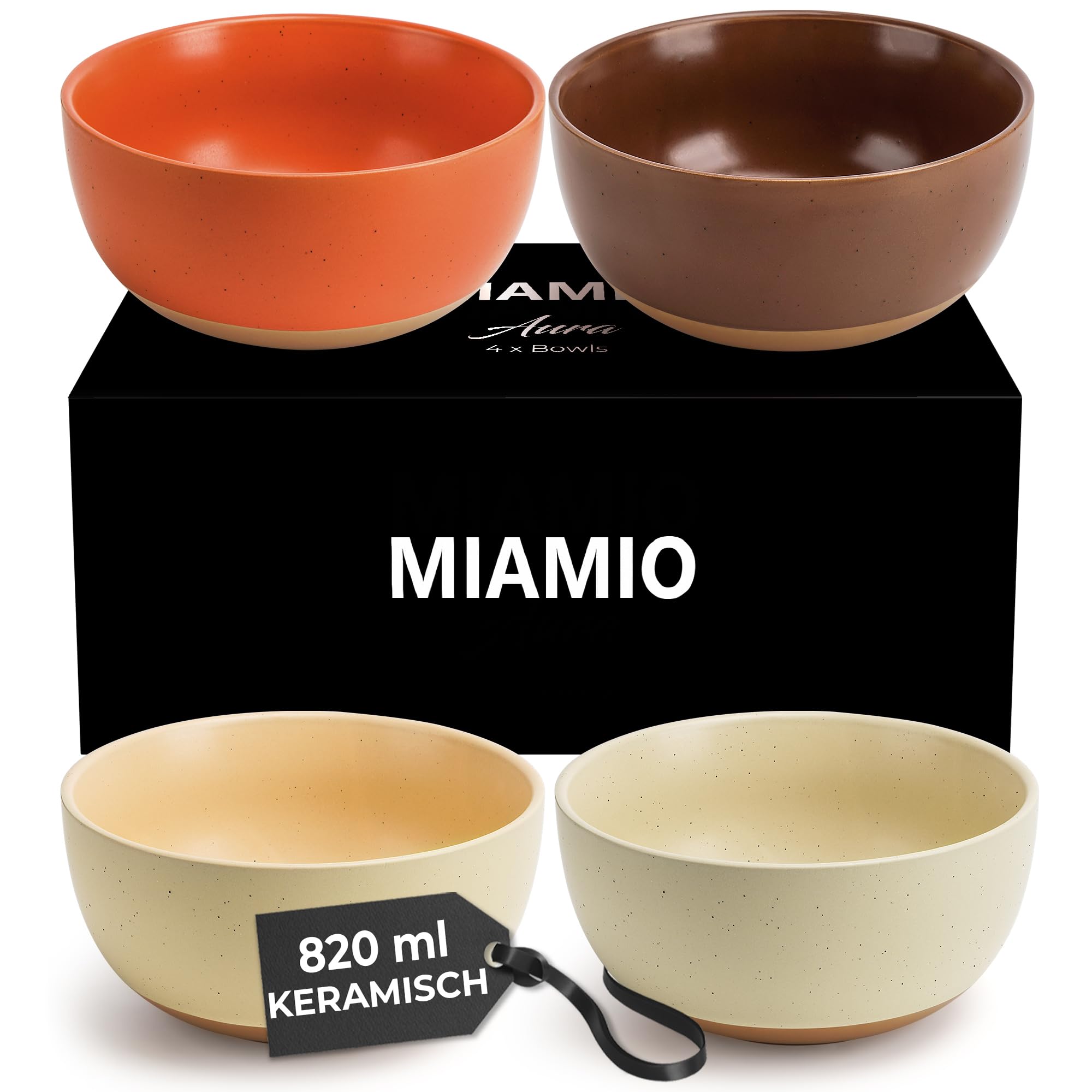 MIAMIO – Set of 4, 820 ml Ceramic Soup Bowls/Cereal Bowl Set for Salad, Oatmeal, Fruit, Rice – Dishwasher & Microwave Safe – Aura Collection (Cozy Neutral, Bowls (4X))