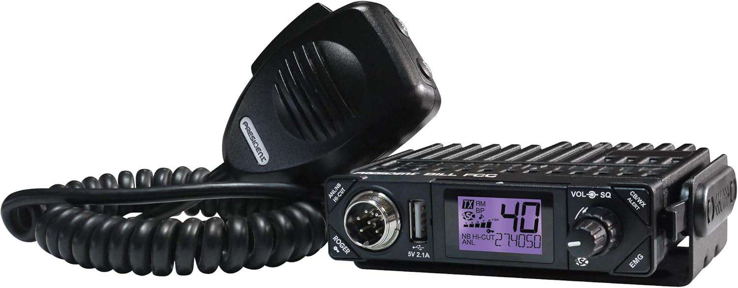 President Electronics BILL CB Radio, 40 Channels AM, 12 Volts, USB 5V/2.1A, Up/Down Channel Selector, Volume Adjustment and ON/OFF, Manual Squelch and ASC, Multi-functions LCD Display, S-meter: Electronics