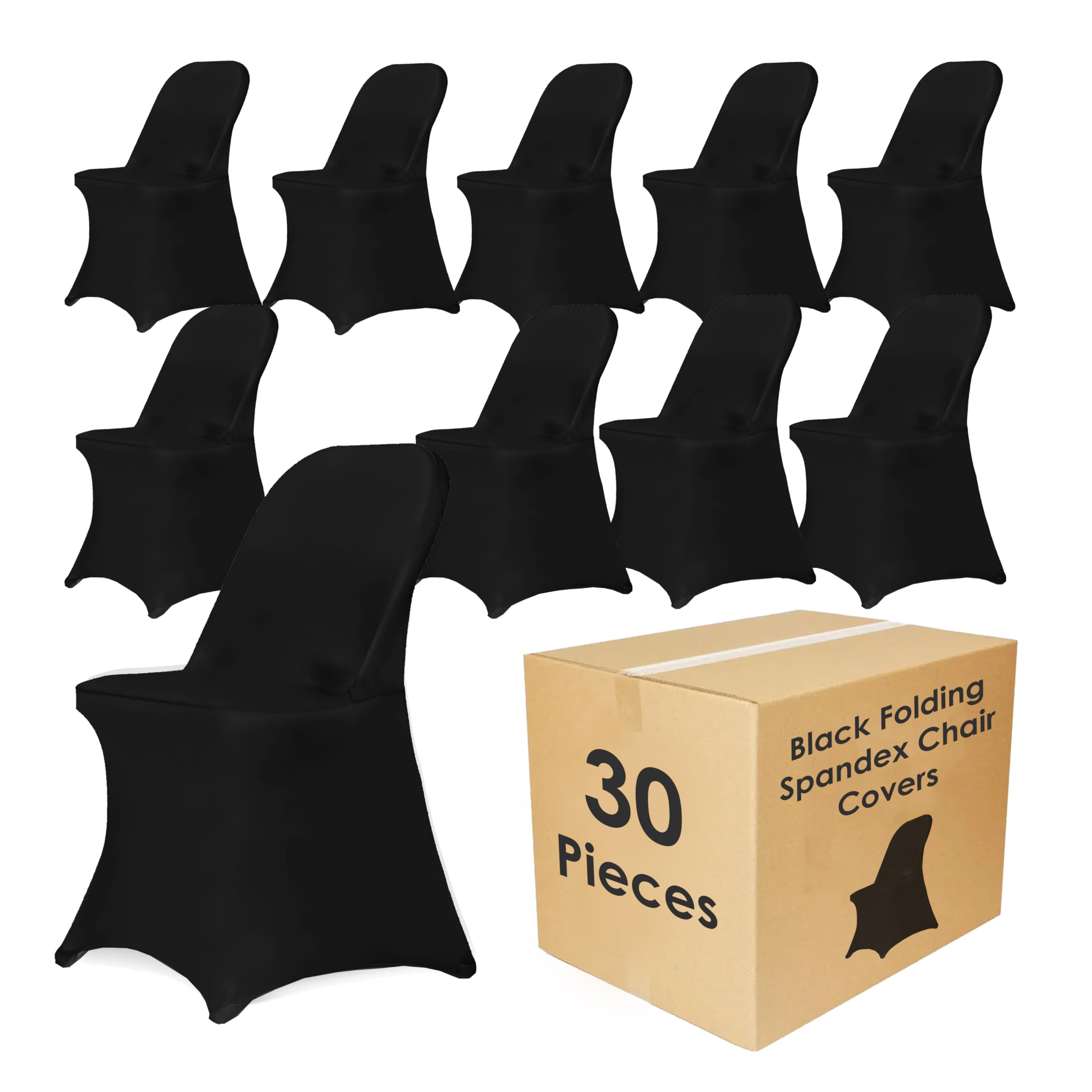 Craft And Party 30 Pack Black Spandex Folding Chair Covers, Stretch Polyester Slipcovers for Wedding, Party & Dining Chairs – Flat Front Design, Universal Fit