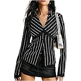 MakeMeChic Women's Button Down Blouses Lace Trim Striped V Neck Tops Long Sleeve Tie Back Shirts