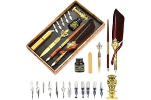 Joyeee Calligraphy Set for Beginners Adults, Inclued Antique Sealing Wax Kit, Wooden Comic Dip Pen, 17 Dip Pen Nibs for Writing, 2 in 1Pen Stand Base and Wax Stamp for Sealing Letter, Brown
