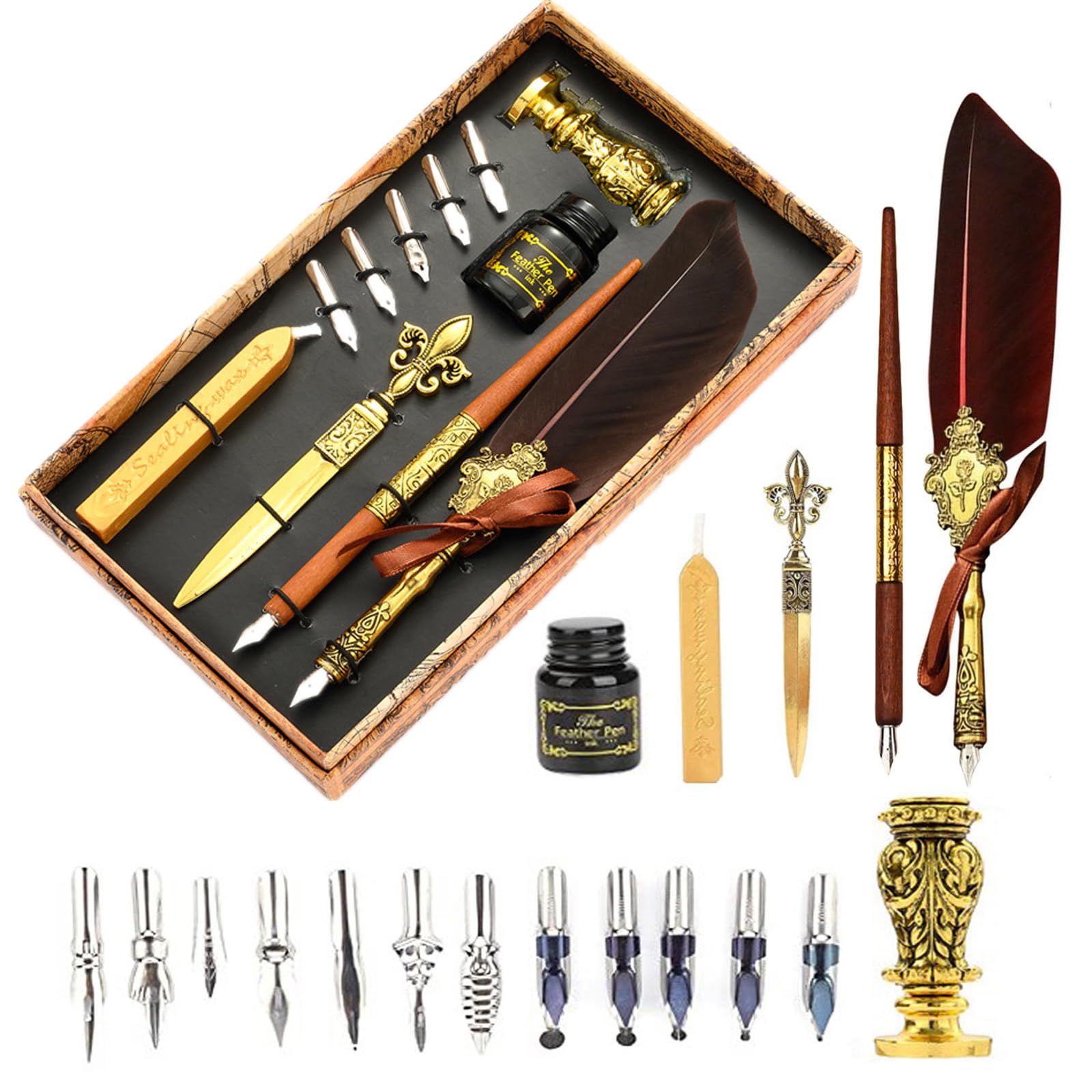 Joyeee Calligraphy Set for Beginners Adults, Inclued Antique Sealing Wax Kit, Wooden Comic Dip Pen, 17 Dip Pen Nibs for Writing, 2 in 1Pen Stand Base and Wax Stamp for Sealing Letter, Brown