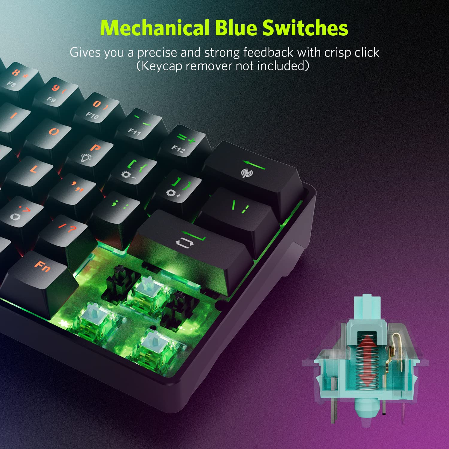 61 Keys RGB Wireless and Wired Mechanical Gaming Keyboard with Blue Switches, Audible Click Sound Rainbow Portable Compact Mini Office Keyboard for Windows PC Gaming, (F-SG61)