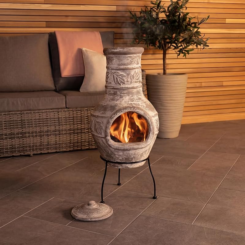 Charles Bentley Medium Clay Chimenea Patio Heater, Leaf Design, 85x36cm