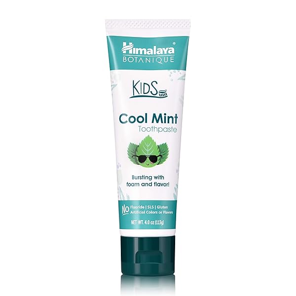 HIMALAYA BOTANIQUE KIDS TOOTHPASTE, COOL MINT, FLUORIDE-FREE, GENTLE, NO ARTIFICIAL COLORS, SLS FREE, GLUTEN FREE, CRUELTY FREE, VEGAN, FOAMING, 4 OZ, 1 PACK…