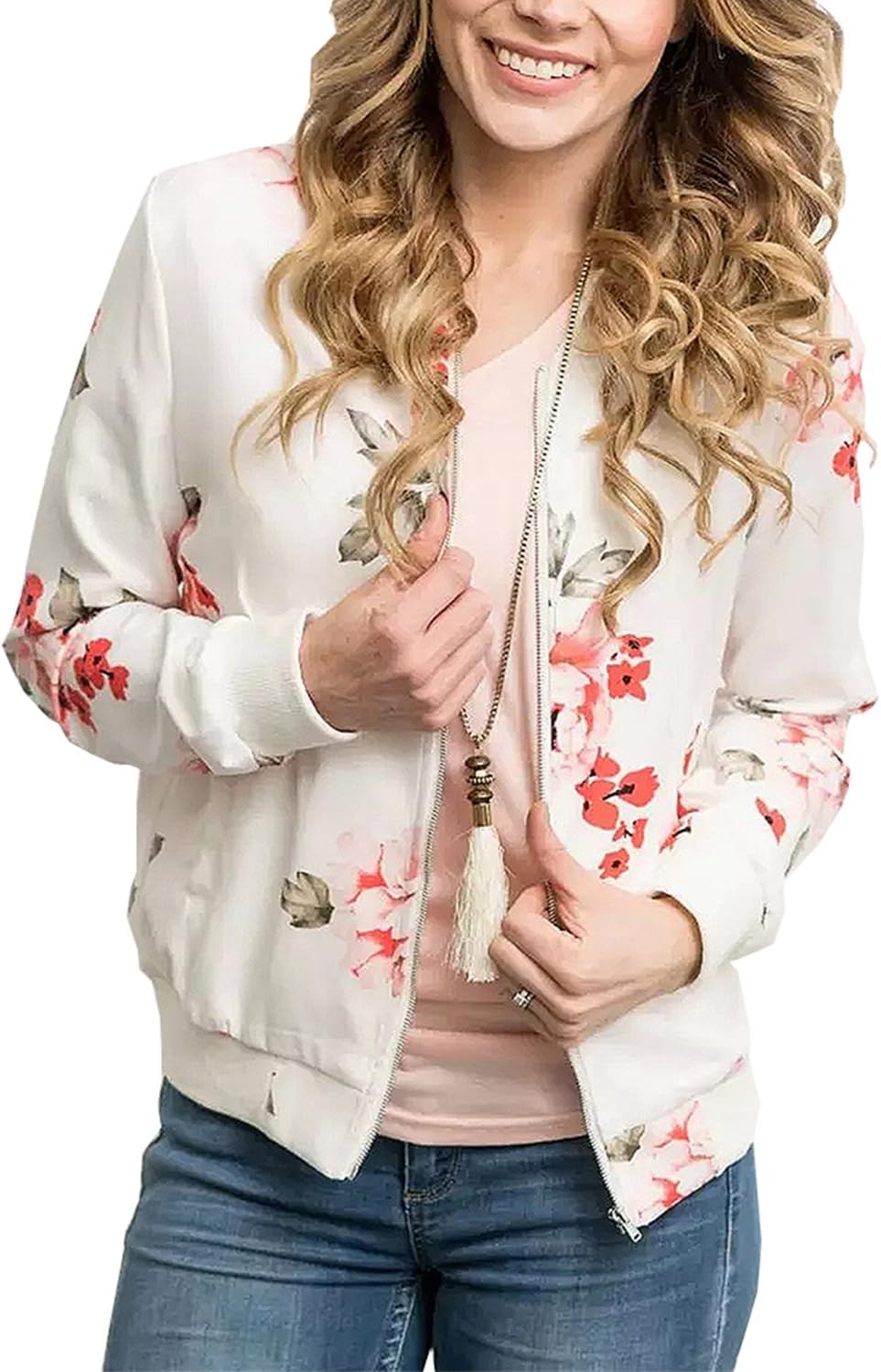 Spring and Fall Floral Bomber Jacket for Women Long Sleeve Short Zipper Jacket with Pockets