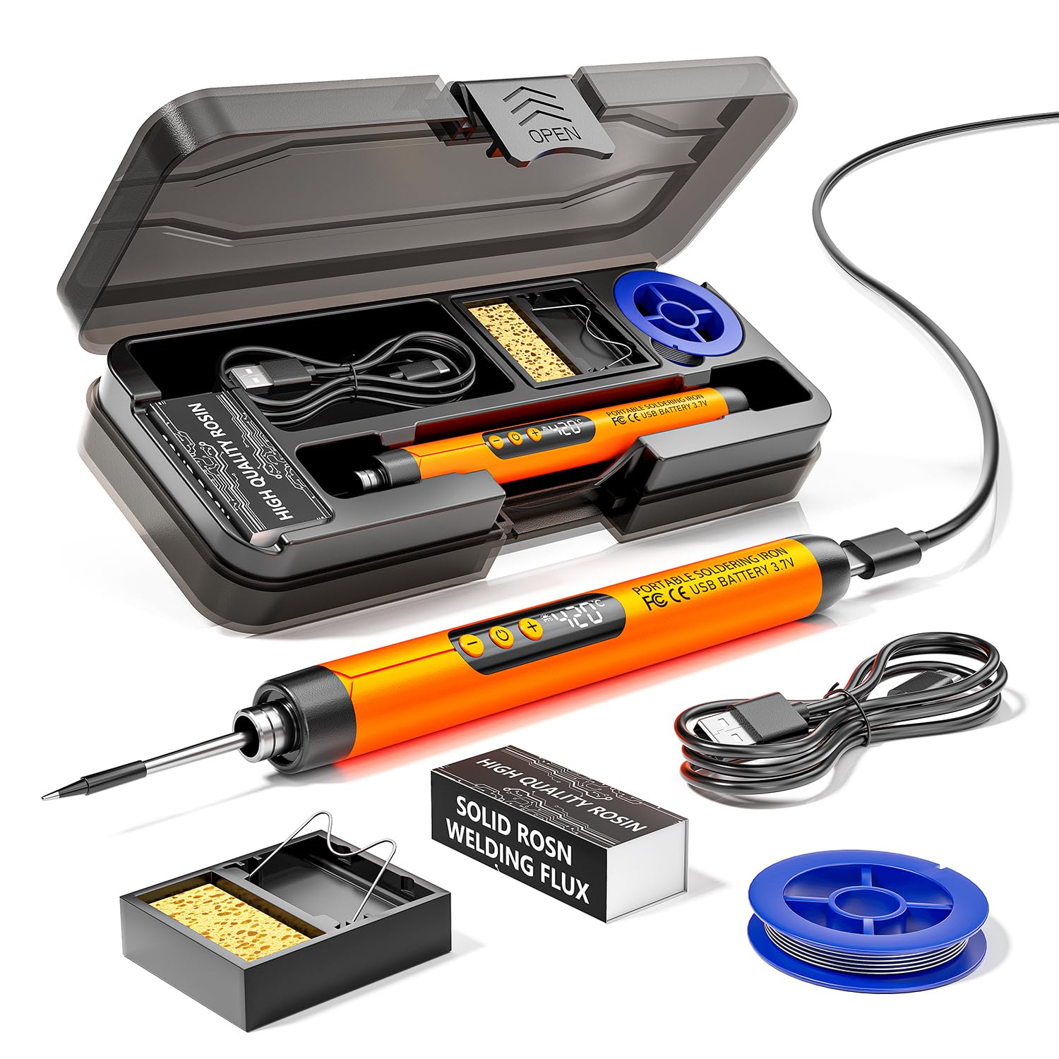 Photo 1 of Cordless USB Rechargeable Portable Soldering Iron, 3-speed Temperature Adjustable, Heating Core, Soldering Iron Cord, Rosin, Soldering Iron Stand, Storage Case (Orange)