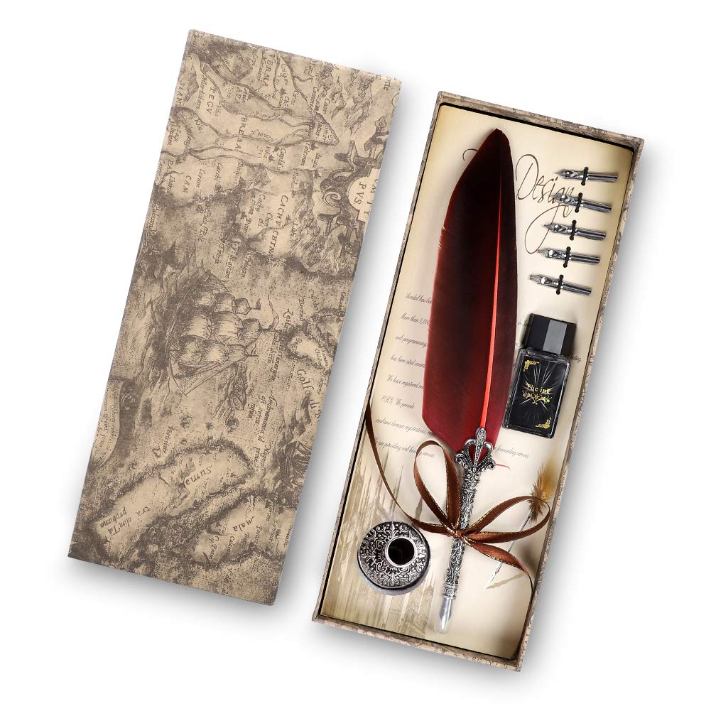 Quill Pen and Ink Set, Calligraphy Feather Set for Beginners Kids Antique Quill Pen Gift Set Stationery Gift Box with 5 Nibs, for Writing Drawing and Practicing Calligraphy
