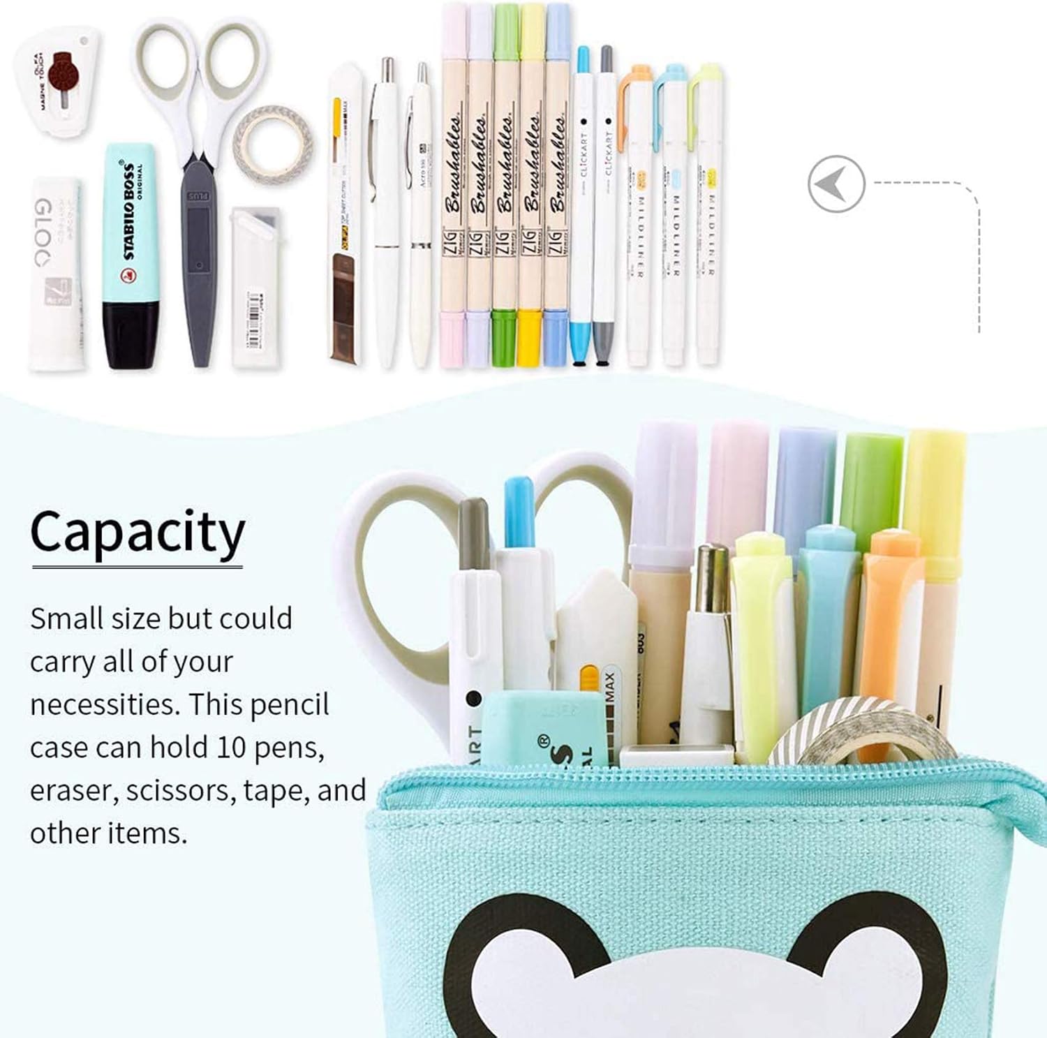 Telescopic Pencil Pouch Bag Standing Pen Holder Canvas Cartoon Cute Cat Pen Case Cosmetic Bags for Boys Girls Students and Office Supplies (Spectacled Bear) - Image 5