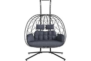 SWITTE Double Egg Swing Chair with Stand, 2 Person Outdoor Indoor Hammock Hanging Chair with Cushion for Patio Living Room 650 LBS Capacity-Dark Grey