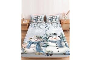 Ruian Store Winter Snowman Bedding Queen Size Fitted Sheets Fit 5"-16" Deep Pocket Mattress,Elk Soft Bottom Sheet Christmas T