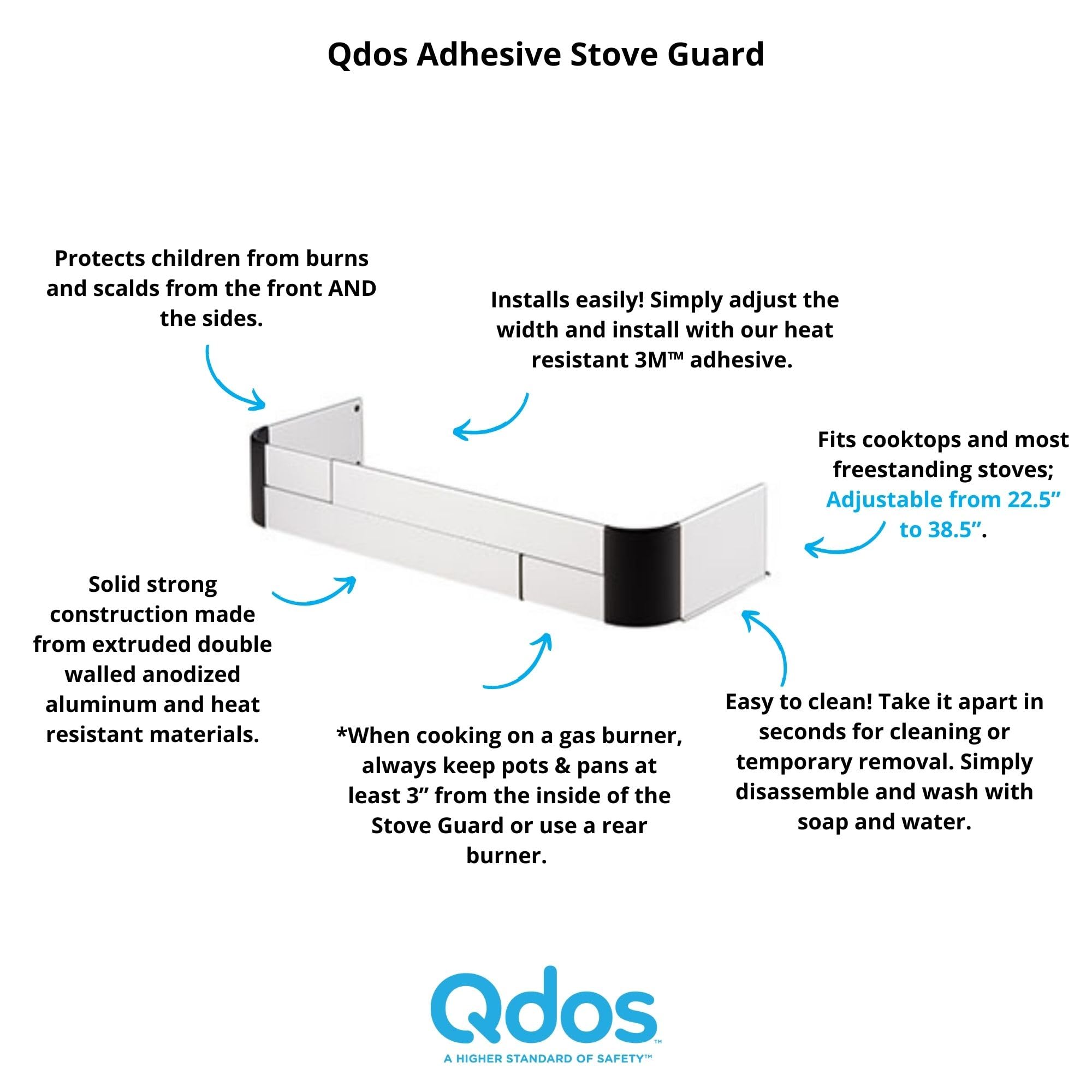 Qdos Safety Adhesive Aluminum Stove Guard - Complements Modern Kitchen Designs - Fits Cooktops & Most Freestanding Stoves - Protects from Front & Sides - Easy to Install - Quick Removal for Cleaning