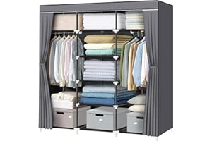 LOKEME Portable Closet, 55.5 Inch Wardrobe Closet for Hanging Clothes with 2 Hanging Rods, 9 Clothes Storage Organizer Shelves, Gray Closet Extra Sturdy, Quick and Easy to Assemble