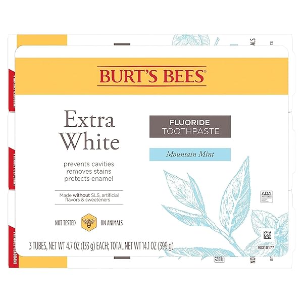 BURT’S BEES EXTRA WHITE TOOTHPASTE, FLUORIDE TOOTHPASTE, NATURAL FLAVOR, MOUNTAIN MINT, 4.7 OZ, PACK OF 3
