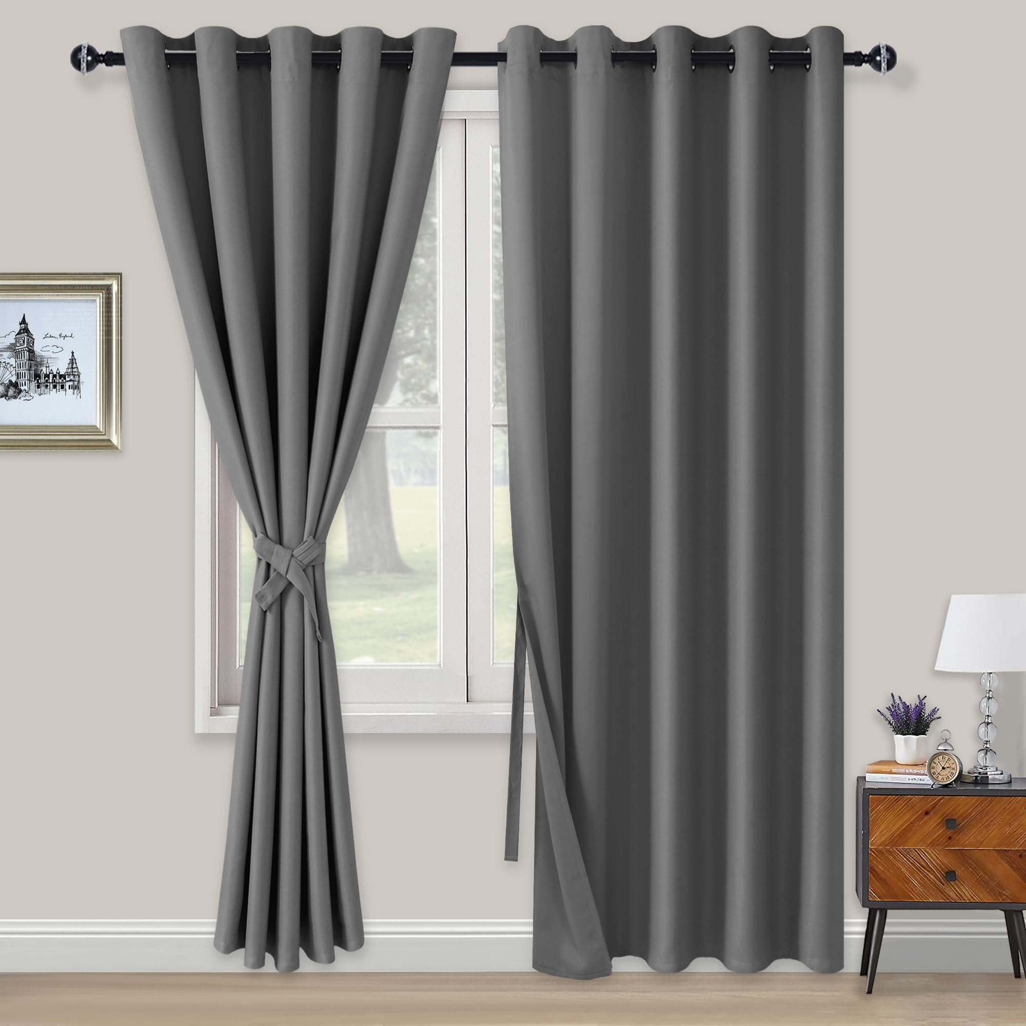 XWZO Blackout Curtains Shades Window Curtain Panels with Tiebacks- Noise Reduction and Thermal Insulated Eyelet Curtains for Bedroom,Living Room,Office,Study Room Grey W66xL90