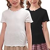 GORLYA 2 Pack Girls Lettuce Trim Basic Solid Tee Shirts Ribbed Knit Casual Blouse Tops for 4-14T