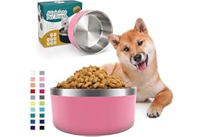 IKITCHEN Dog Bowl for Food and Water, 64 Oz Stainless Steel Pet Feeding Bowl, Durable Non-Skid Double Wall Insulated Heavy Duty with Rubber Bottom for Medium Large Dogs (64 Ounces/8 Cup, Pink)