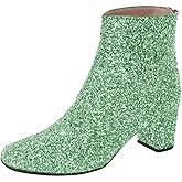 XYD Women Glitter Low Block Heel Ankle Boots Round Toe Festival Party Booties Shoes with Zip