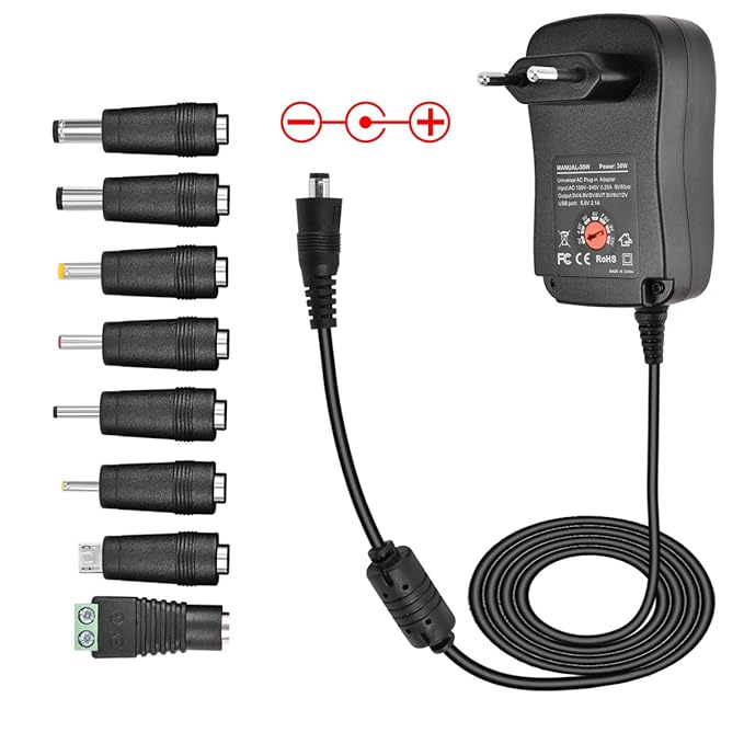 CUGLB Universal Power Netzteil 30W AC/DC 3 / 4,5 / 5 / 6 / 7,5 / 9 und 12V 2000mA, 8 Stecker mit 5V2,1A USB Port | Reiseadapt