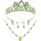 Haysandy 3 Pcs Princess Costume Jewelry Accessory Women Green Dress-up Crown Peal Necklace with Peal Earrings for Dress-up Tiara Birthday Decorations Princess Girl Women Cosplay Party Accessories