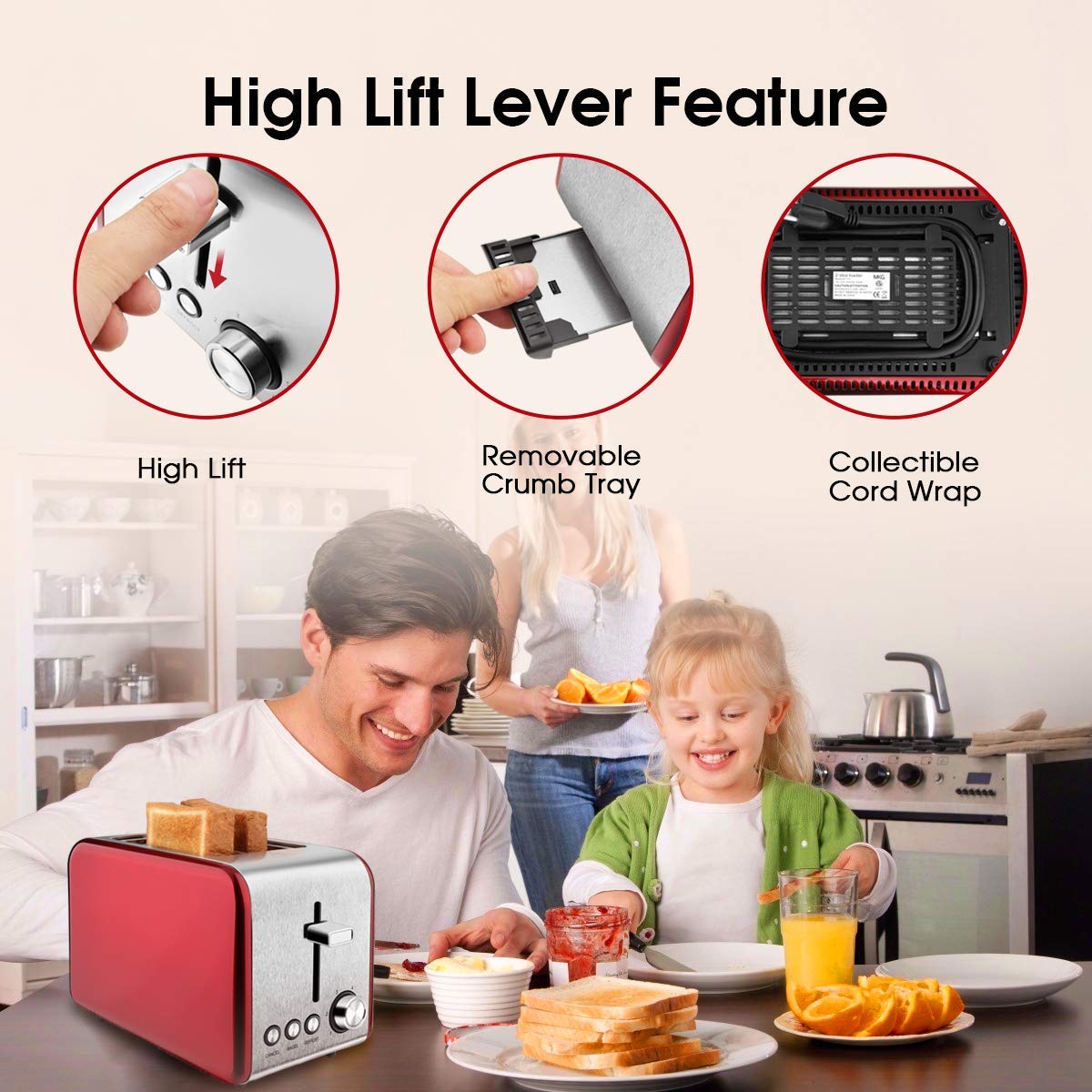 2 Slice Toaster, MKG Stainless Steel Bagel Toaster with Extra Wide Slots, 6 Shade Settings, Bagel/Defrost/Cancel Function, Removable Crumb Tray, High Lift Lever, Red