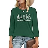 RECUTEWU Christmas Shirts for Women: Merry Christmas Print Tshirt Xmas Tree Holiday 3/4 Sleeve Tee Tops