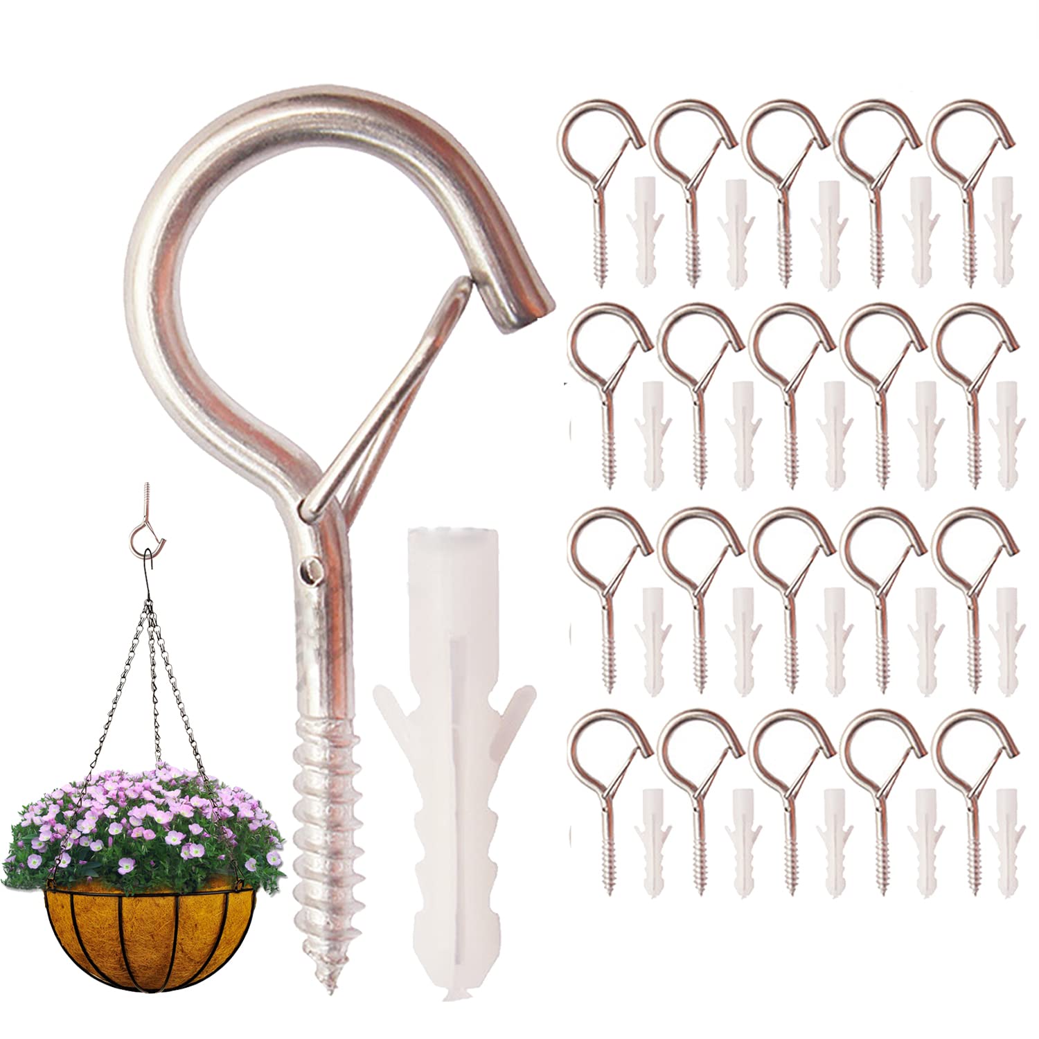 WUBAYI20 Pack Heavy Duty Screw Hooks - Windproof Locking Hangers for Outdoor Lights/Plants, Max Load 18kg, Rust-Proof Iron Hooks for Fence/Deck/Tree (Includes Plastic Tubes)
