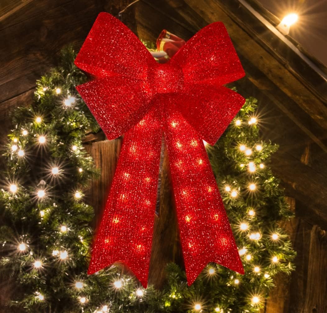 Bows & Ribbons - LAMPHOME Christmas Glitter Red Bow，Lighted Large Christmas Bows Wreath Decoration,Christmas Tree Topper Decorative Bow for Indoor Outdoor Christmas Parties Decorations (24IN 40LED)