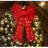 LAMPHOME Christmas Glitter Red Bow, Lighted Large Christmas Bows Wreath Decoration, Tree Topper Decorative Bow for Indoor/Outdoor Parties (32IN 72LED)