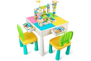 GobiDex All-in-One Kids Table and Chairs Set with 100PCS Preschool Classroom Must Haves Multi Activity Toddler Table Kids Building Blocks Toys for Kids Ages 3+