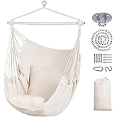 SUNCREAT Hammock Chair Hanging Rope Swing Seat-Max 450lbs Capacity, Extra Large Hanging Swing with Metal Support Bar, Side Pocket, Beige