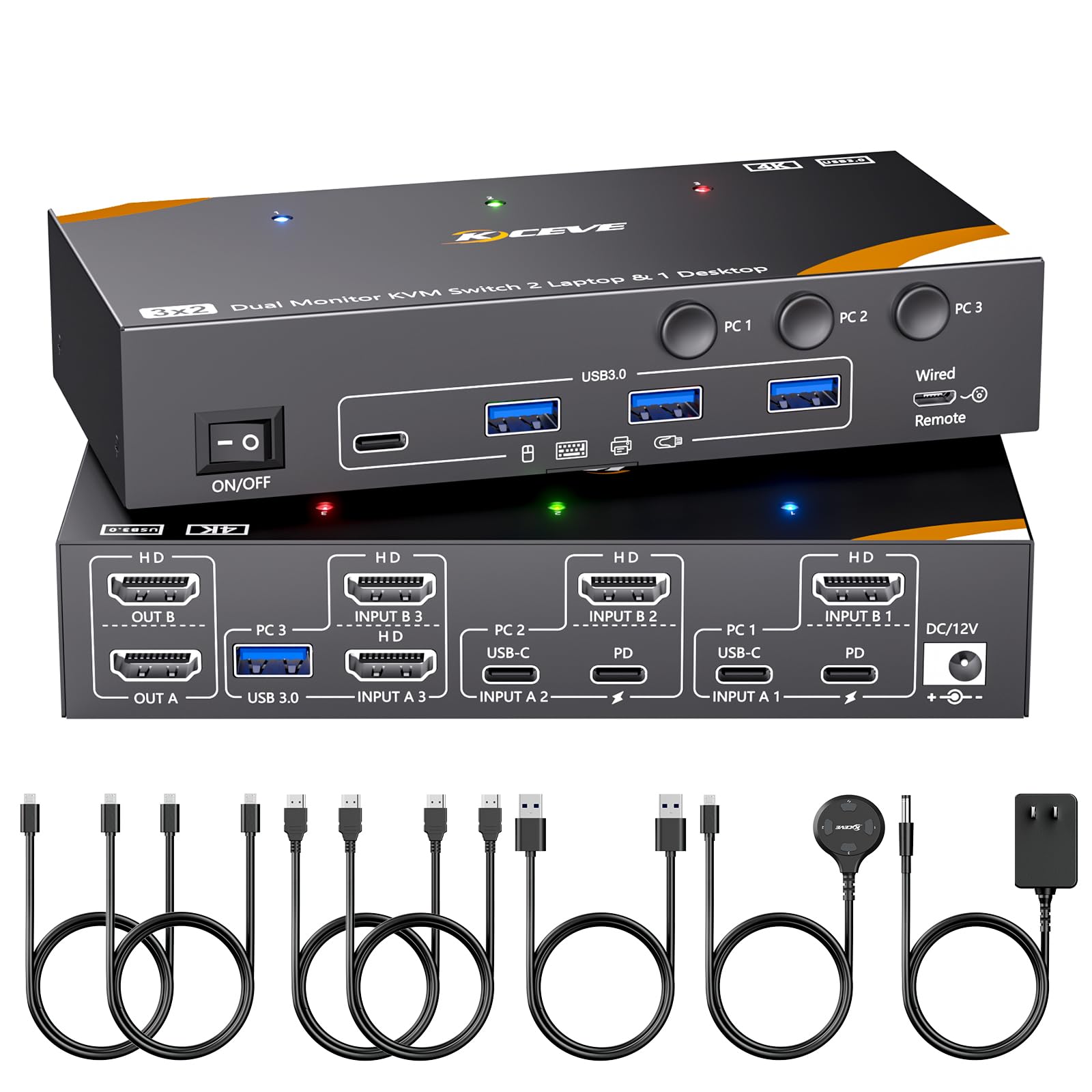 Photo 1 of KCEVE KVM Switch 2 Monitors 3 Computers USB C, USB 3.0 KVM Switch Dual Monitor HDMI for 2 Laptops 1 Desktop Share 4 USB 3.0 Device Keyboard, Mouse, 85W PD, 4K@60Hz, Power Adapter and Wired Remote