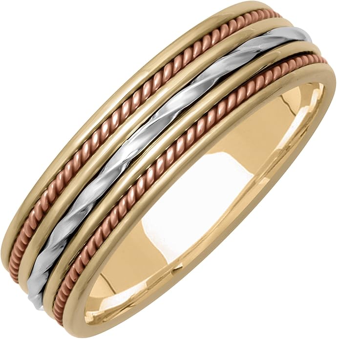 18K Tri Color Gold Braided Rope Edge Men's Comfort Fit Wedding Band (6