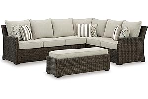 Signature Design by Ashley Brook Ranch Casual Nuvella Weather Resistant Fabric Right Hand Facing Outdoor Sofa Sectional/Bench with Cushion and 6 Throw Pillows, Set of 3, Beige & Dark Brown