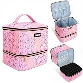 SAVILAND PU Leather Nail Polish Organizer Bag for Nail Tech, Pink | Holds 30 Bottles &amp; Nail Lamp, Waterproof, Double-Layer, Adjustable Divider, Nail Organizers and Storage for Home and Travel