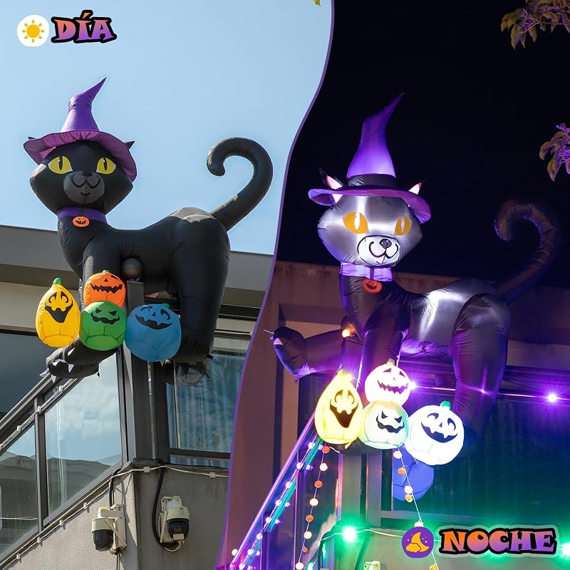 180CM Hinchable Decoracion Halloween Gato Negro Mágico con LED Incorporadas y Estacas y Correas, Calabazas Decoracion Halloween Exterior para Césped Jardín Festival Fiesta Decoración — foto 7 de 8
