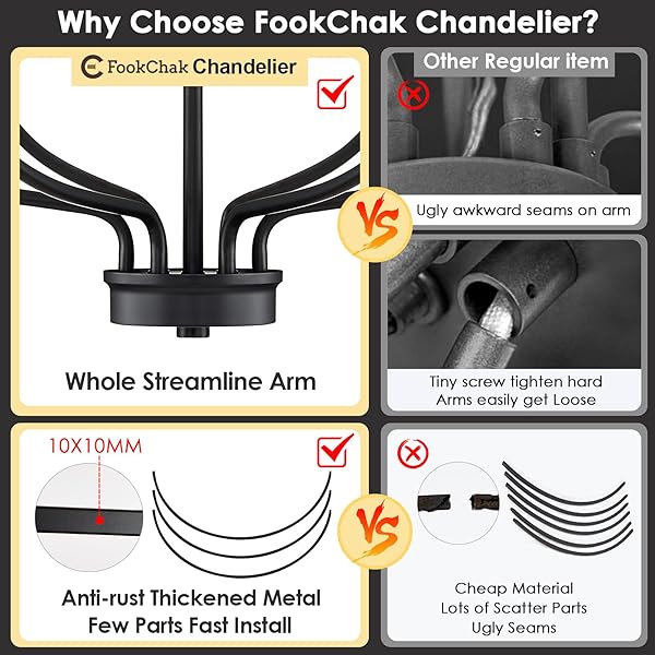 FOOKCHAK BLACK DINING ROOM LIGHT FIXTURE, 6-LIGHT FARMHOUSE BLACK CHANDELIER FOR BEDROOM METAL CANDLE CHANDELIERS HANGING LIGHTING FOR KITCHEN LIVING ROOM ENTRYWAY FOYER, 28.54IN