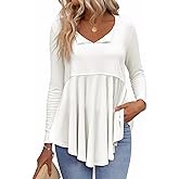 Tankaneo Womens Babydoll Tops V Neck Long Sleeve Shirts Peplum Tunic Top Flowy Work Casual Blouses Loose Fit 2024