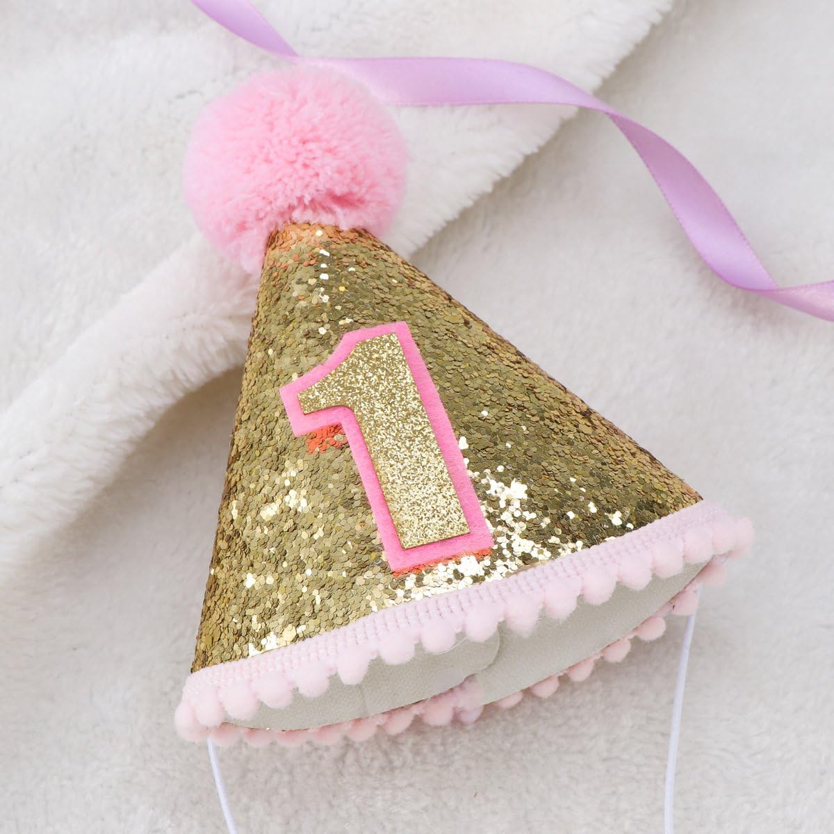 TOYMYTOY Glitter Sparkle Princess 1st Birthday Cone Hat with Adjustable Headband for Baby Girl Party Supplies (Pink) - Image 3