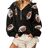 Xunger Women's Football Sequin Hoodie Half Zip Long Sleeve Rugby Patches Game Day Hooded Sweatshirt