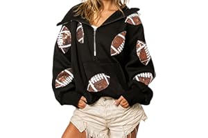 Xunger Women's Football Sequin Hoodie Half Zip Long Sleeve Rugby Patches Game Day Hooded Sweatshirt