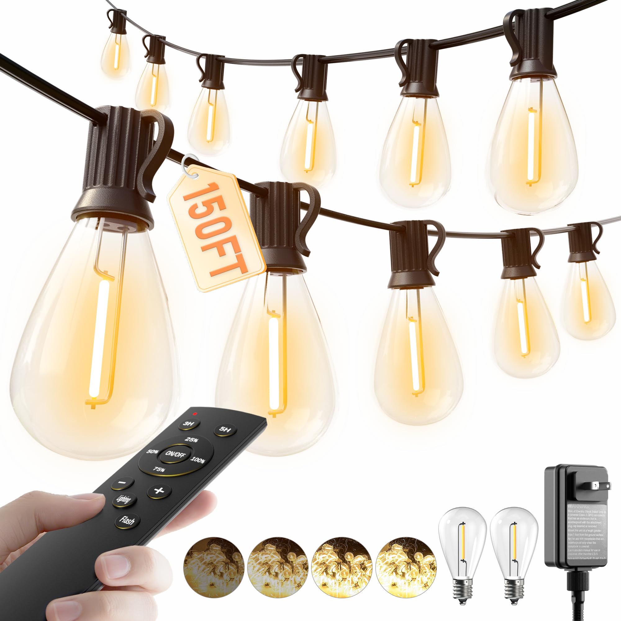 luckystyle 150FT LED Outdoor String Lights with Remote, 55+2 Shatterproof Bulbs Waterproof and Dimmable Patio Lights for Porch, Garden, Backyard, Deck, Balcony, 2200K Hanging Lighting Image