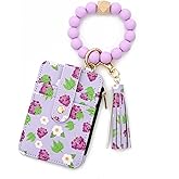 AHQKCRF Flower Keychain Wristlet Wallets for Women Cute Silicone Beaded Credit Card Holder Key Ring Bracelet Wallet (Grape)