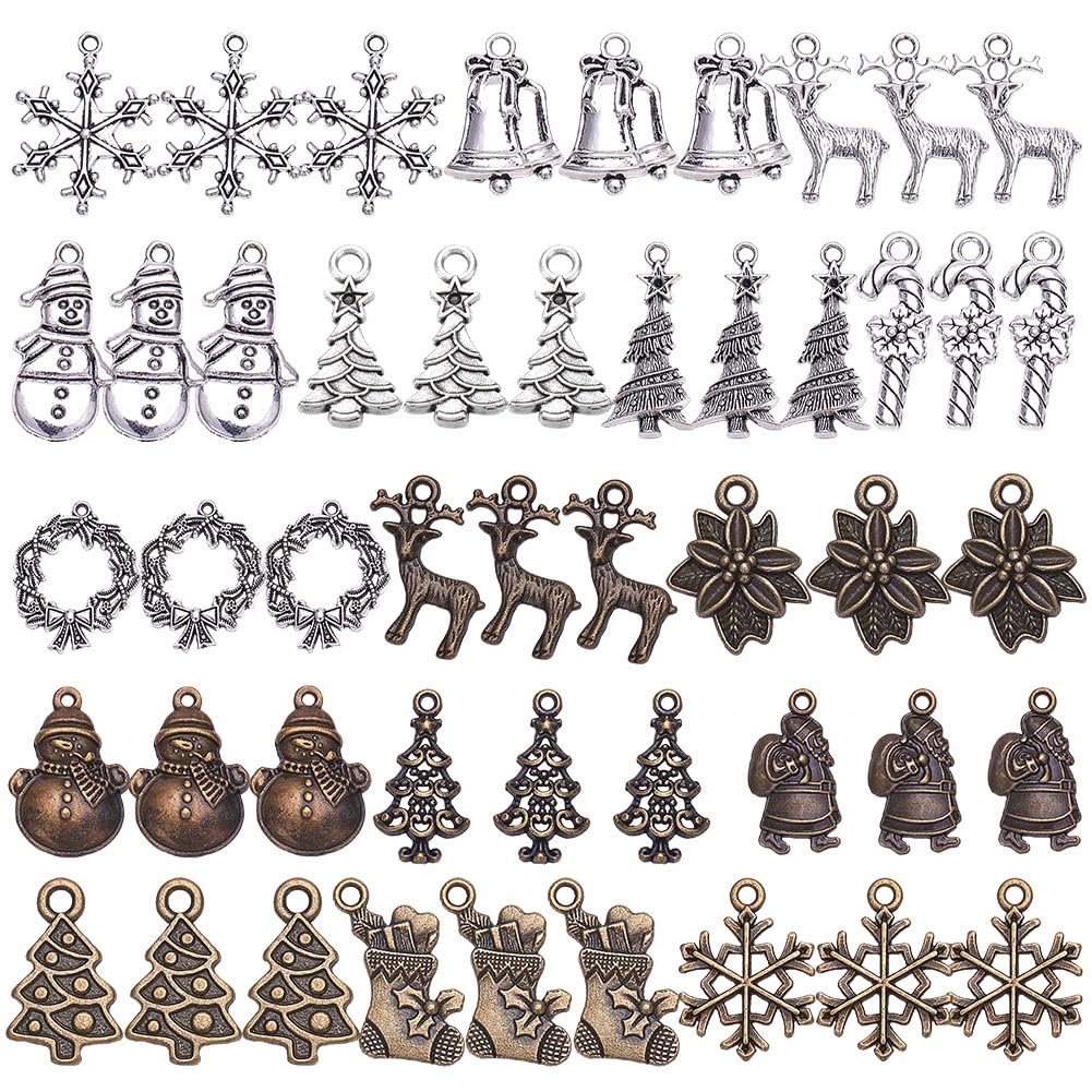 SUNNYCLUE 1 Box 48pcs 2 Colors Christmas Pendant Charms for Necklace Bracelet Jewellery Making Christmas Accessory Xmas Tree Snowflake Snowman Reindeer Charms