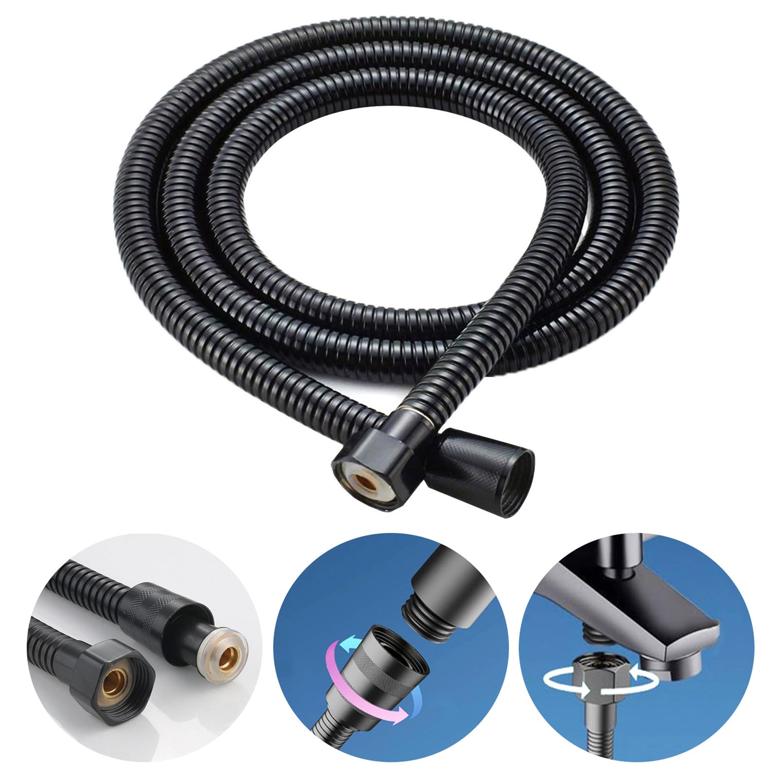 Universal Shower Hose Pipe Head Tap Hoses 1.5m Long Smooth Stainless Steel Leak-Proof, Black (G1/2)