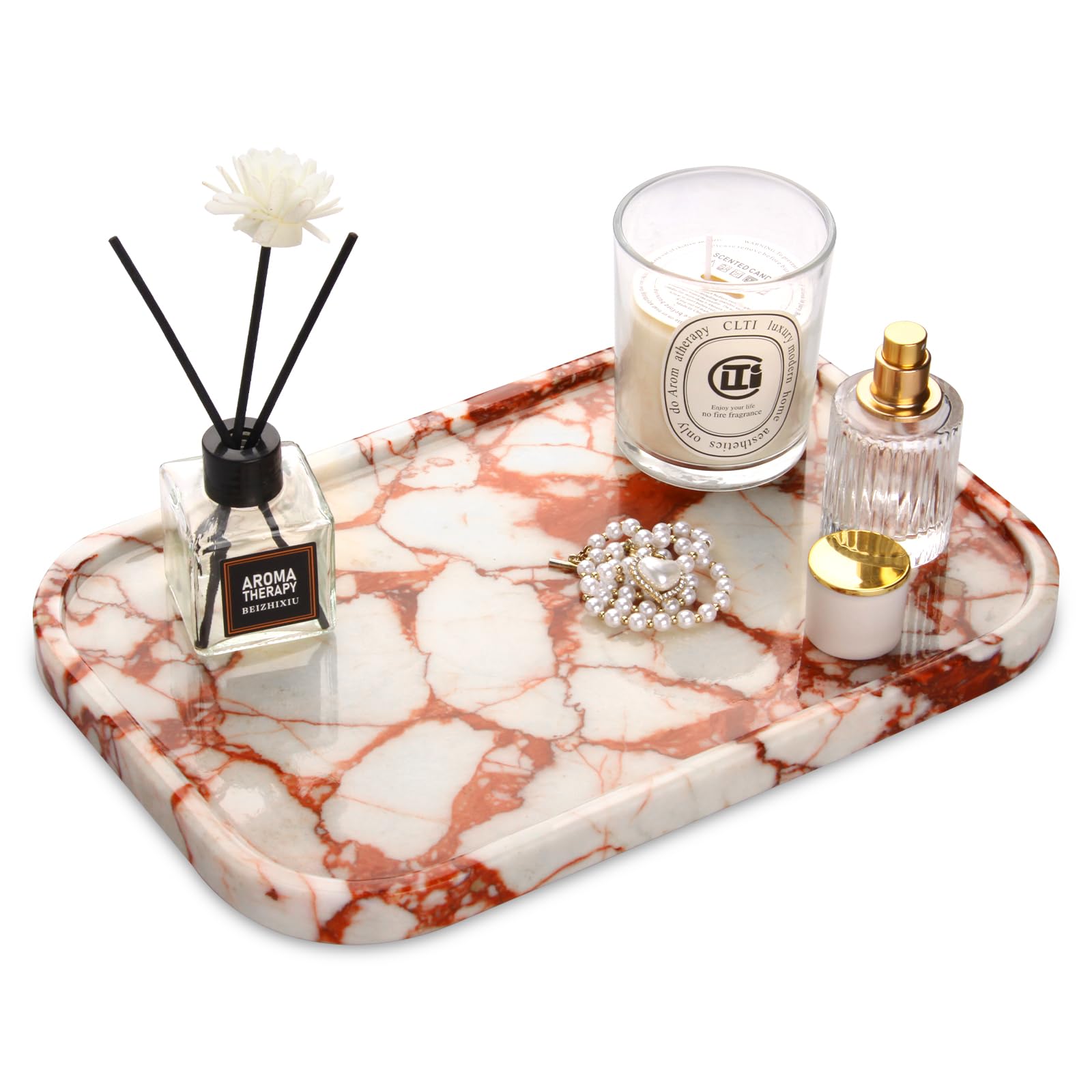 Photo 1 of Marble Bathroom Vanity Tray, Natural Luxury Calacatta Red Marble Home Kitchen Bathroom Table Tray, Stone Decorative Countertop Serving Trays for Coffee Perfume Jewelry Makeup